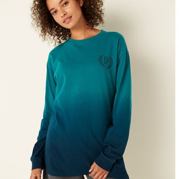 VS VICTORIAS SECRET PINK CAMPUS LONG SLEEVE TEE TOP DEEP LAKE DIP DYE M - Picture 2 of 7